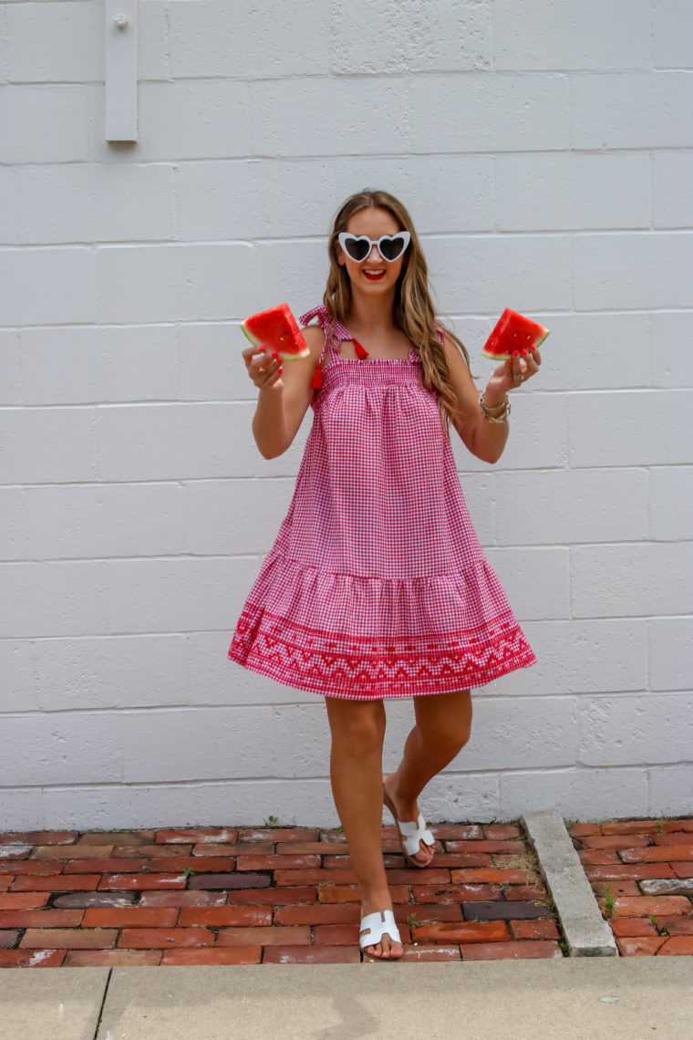 red gingham swing dress, watermelon, 4th of July dress