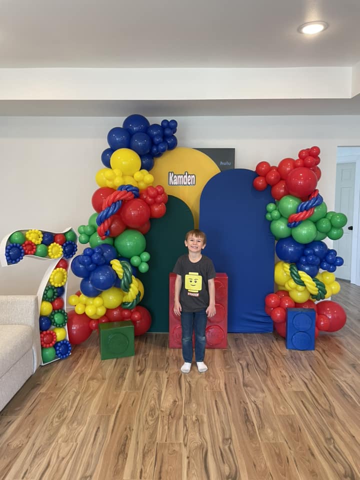 LEGO balloon garland and backdrops