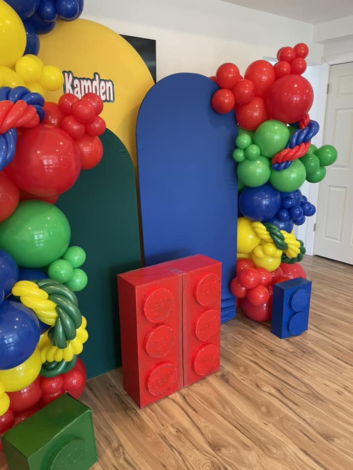 LEGO balloon garland, LEGO props, backdrops