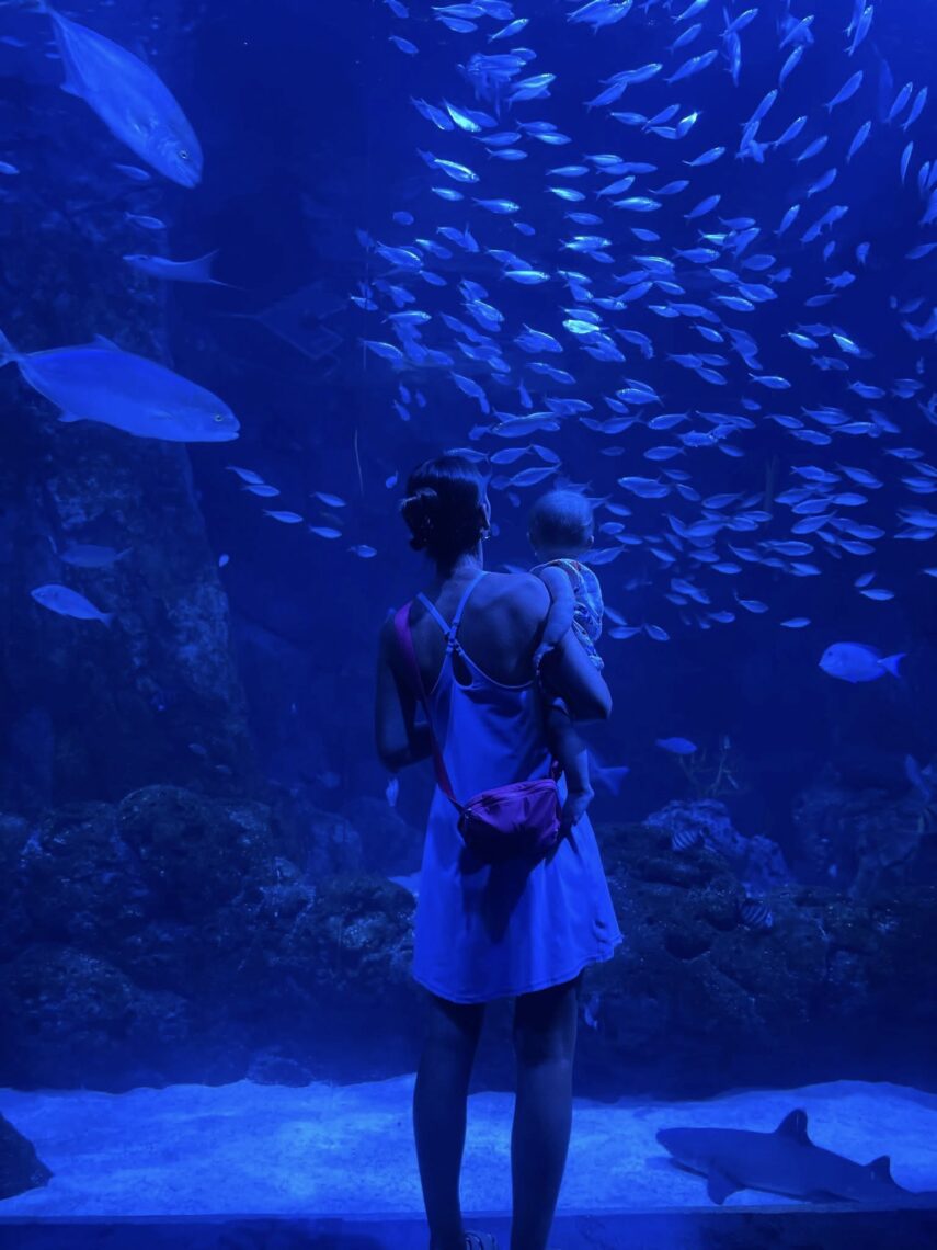Mom and baby girl looking at fish at the aquarium