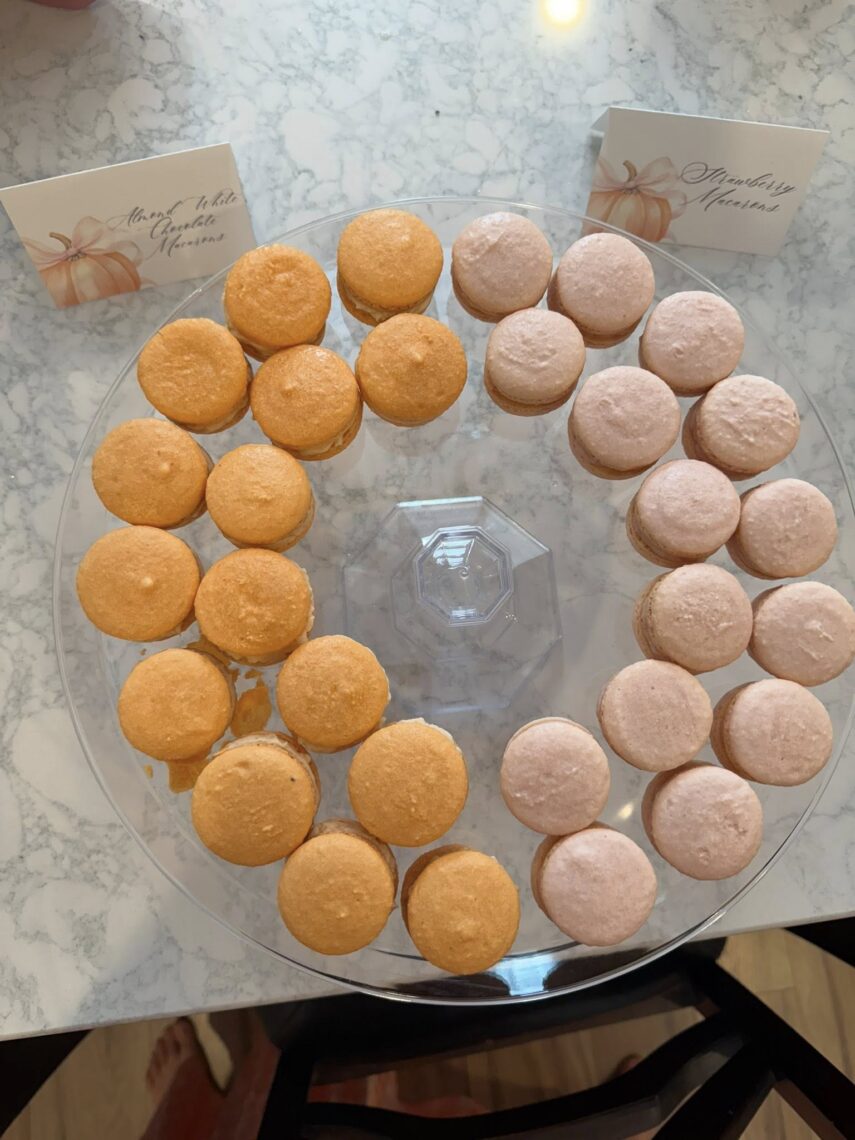 strawberry macarons, and almond white chocolate macarons