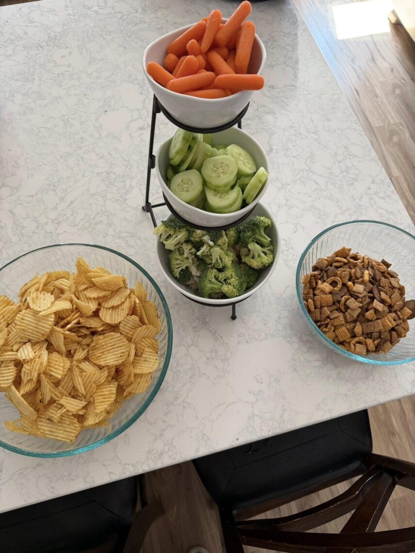chips, vegetables, and chex mix